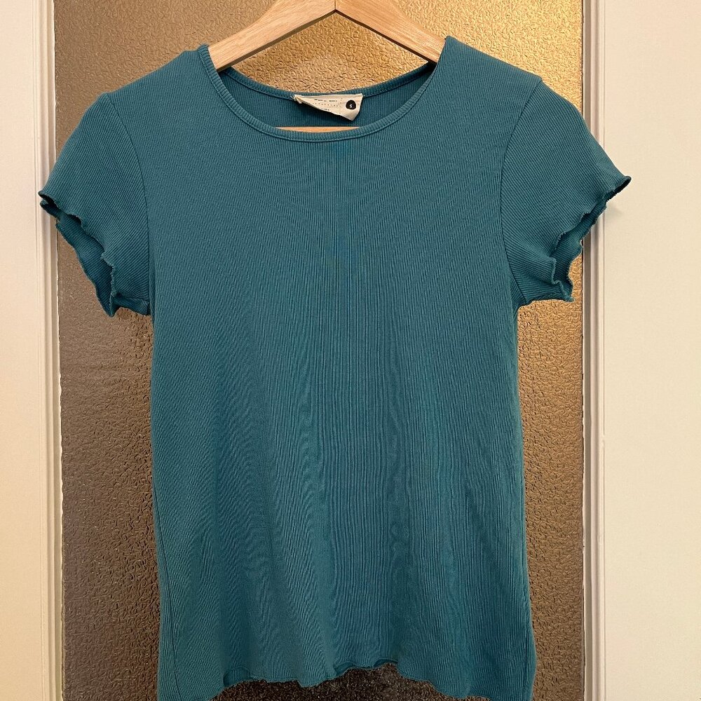 Back Beat Co. Ruffled Short-Sleeve Tee, Teal, Size S.